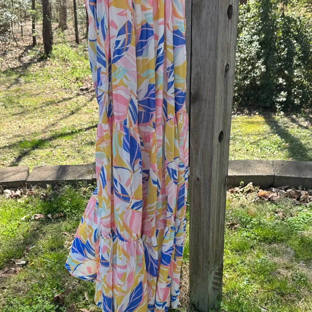 vestique Pink, Blue, Yellow & Cream Ruffle-Top Dress - Picture 9 of 9